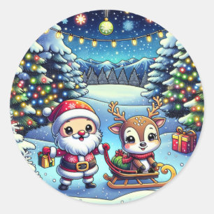 Sticker Rond Joli Cartoon Père Noël et Reindeer Noël