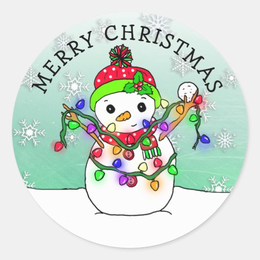 Sticker Rond Joli Cartoon Snowman Snowflake Noël (Devant)