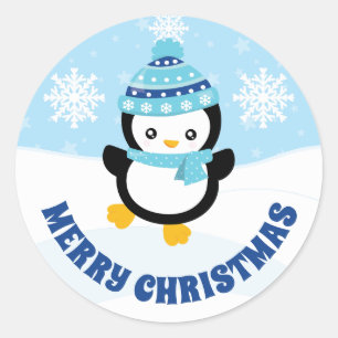 Sticker Rond Joli Casquette Bleu Enfants Pingin Joyeux Noël