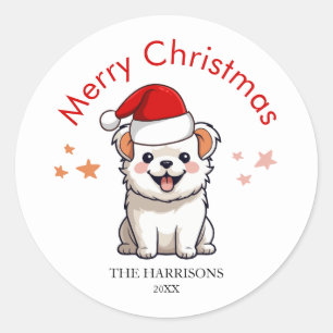 Sticker Rond Joli chapeau du Père Noël Chien Joyeux Noël