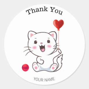 Sticker Rond Joli Chat Blanc Heureux avec Ballon en Forme de Co