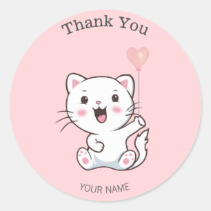 Sticker Rond Joli Chat Blanc Heureux avec Ballon en Forme de Cœ
