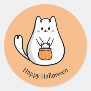 Sticker Rond Joli chat chibi faisant Trick or Treating Joyeux H