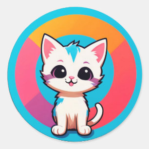 Sticker Rond Joli Chat de Dessin Animé