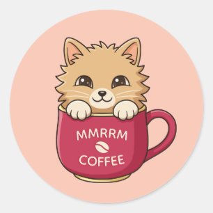 Sticker Rond Joli chat de dessin animé dans une tasse de café a