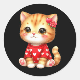 Sticker Rond Joli Chat de la Saint-Valentin avec cœur
