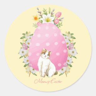 Sticker Rond Joli Chat de Pâques Floral Jaune