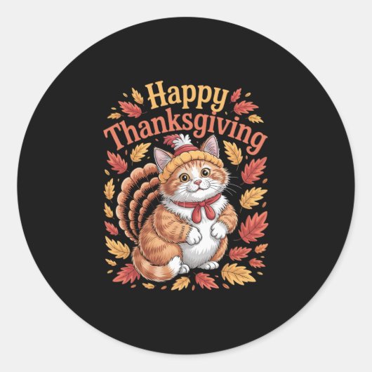 Sticker Rond Joli chat de Thanksgiving Dinde drôle d'animal d'a (Devant)