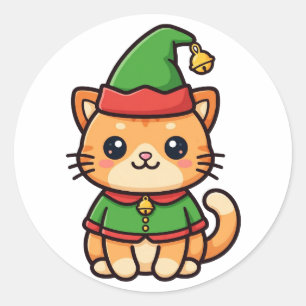 Sticker Rond Joli Chat Elfe de Noël