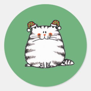 Sticker Rond Joli Chat Grassouillet Deux Chapeaux de Noël