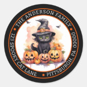 Sticker Rond Joli chat noir | Chapeau de sorcière Adresse de re (Devant)