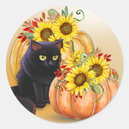 Sticker Rond Joli chat noir & Halloween Citrouille (Devant)