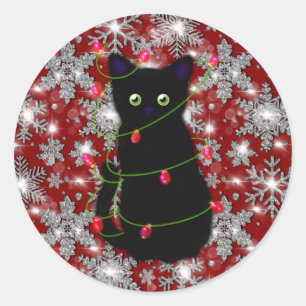 Sticker Rond Joli chat noir Meowy Noël flocon de neige scintill