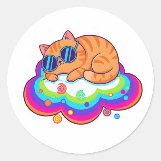 Sticker Rond Joli chat orange endormi sur un nuage arc-en-ciel