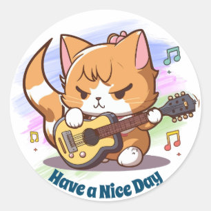 Sticker Rond Joli Chat Orange Jouant de la Guitare