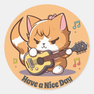 Sticker Rond Joli Chat Orange Jouant de la Guitare
