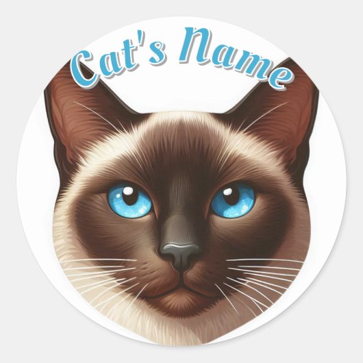 Sticker Rond Joli chat Siamais à cheveux courts plus nom (Devant)