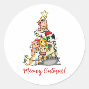 Sticker Rond Joli Chatmas des Chats Mignons Arbre de Noël