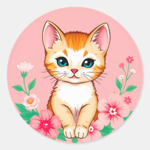 Sticker Rond Joli Chaton avec des Fleurs