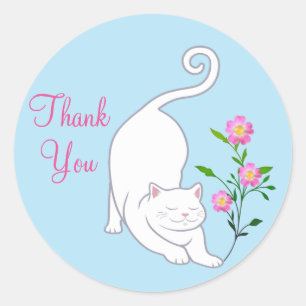 Sticker Rond Joli chaton blanc avec des fleurs Merci