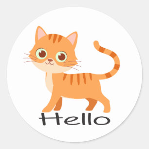 Sticker Rond Joli Chaton Orange Tigré Dessin Animé Bonjour Chat