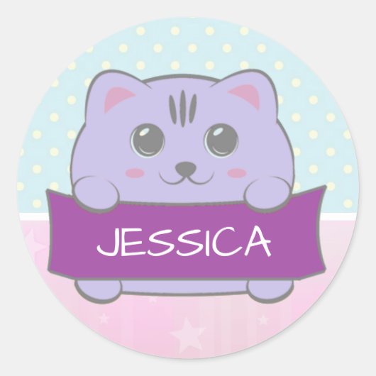 Sticker Rond Joli Chaton Personnalisé à Points (Devant)