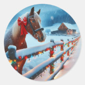Sticker Rond Joli Cheval Brown avec Bow Noël (Devant)