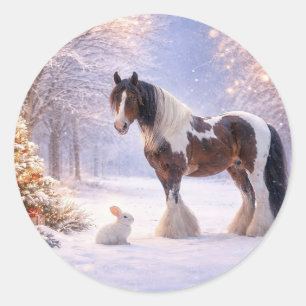 Sticker Rond Joli cheval et lapin de Noël