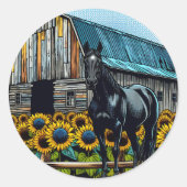 Sticker Rond Joli cheval noir et grange rustique avec tournesol (Devant)