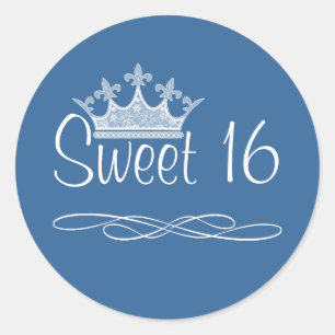 Sticker Rond Joli chevalet bleu couronne 16 Anniversaire
