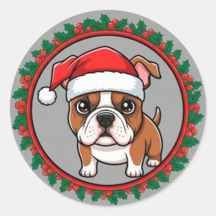 Sticker Rond Joli chien à l'intérieur d'une couronne de Noël fe