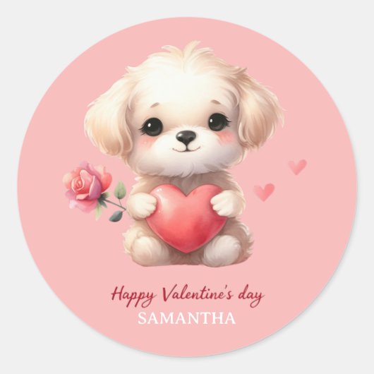 Sticker Rond Joli Chien Chien Chien Rouge Coeur RoseJoyeux Jour (Devant)