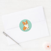 Sticker Rond Joli chien Corgi vert (Enveloppe)