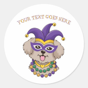 Sticker Rond Joli Chien de Mardi Gras Texte Personnalisé