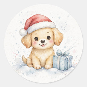Sticker Rond Joli chien de Noël en tenue de Père Noël