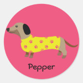 Sticker Rond Joli chien jaune et rose Dachshund Funny (Devant)