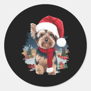 Sticker Rond Joli Chien Yorkie Noël Père Noël Chapeau Écharpe H