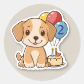 Sticker Rond Joli chiot avec ballons, 2e anniversaire  (Devant)