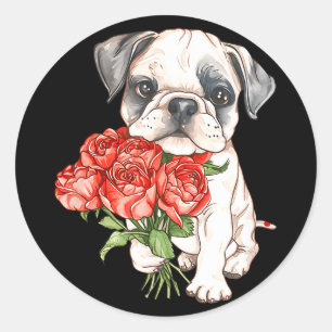 Sticker Rond Joli chiot bouledogue à l'aquarelle tenant des ros