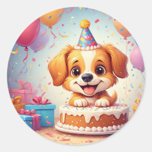 Sticker Rond Joli chiot célébrant une fête d'anniversaire avec