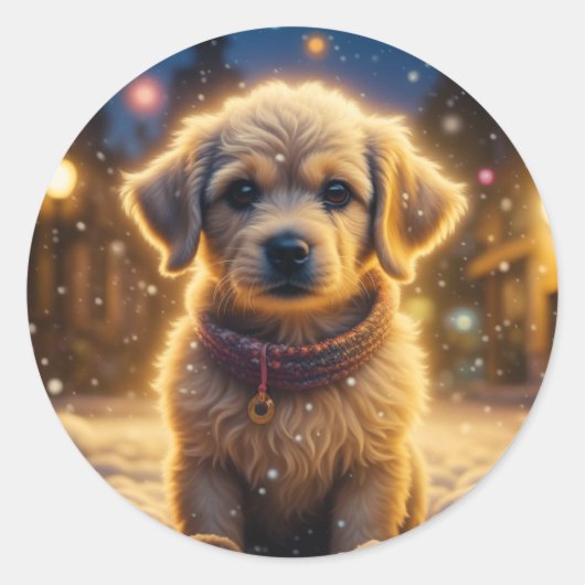 Sticker Rond Joli chiot de Noël dans une nuit de neige (Devant)