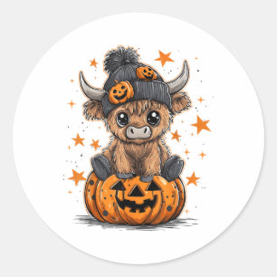 Sticker Rond Joli Citrouille Vache Highland Halloween Vache Lov