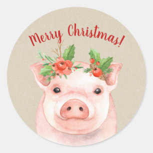 Sticker Rond Joli Cochon de Noël Rustique Fêtes Personnalisées