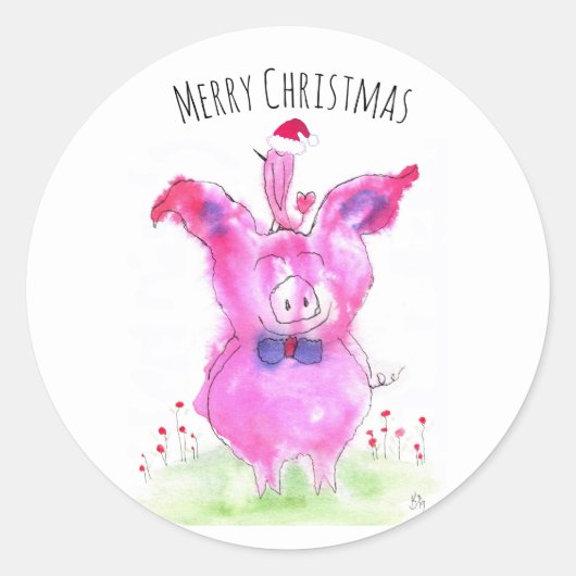 Sticker Rond Joli cochon rose et Noël des oiseaux (Devant)