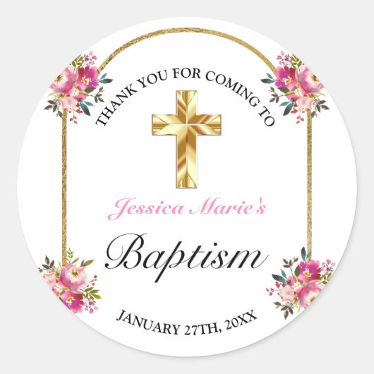 Sticker Rond Joli croix florale rose oré remerciement de baptêm (Devant)