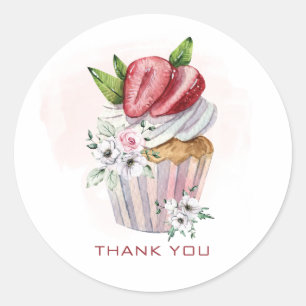 Sticker Rond Joli cupcake à l'aquarelle, fraise, floral