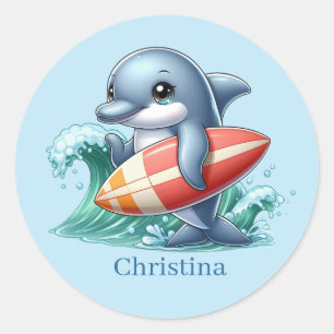 Sticker Rond Joli dauphin ajouter nom surf