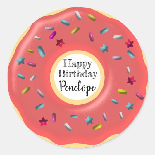 Sticker Rond Joli Décor De Donut Rose Personnalisé | Joyeux ann (Devant)