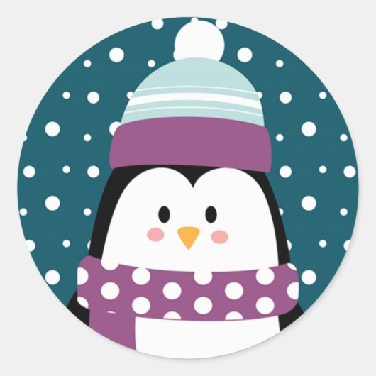 Sticker Rond Joli Dessin d'hiver Pingouin Flocon de neige (Devant)