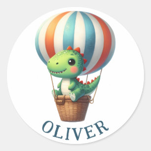 Sticker Rond Joli Dino Vert S'envole dans une Montgolfière